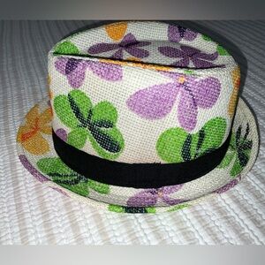 Floral paper/straw type fedora style hat with dark band - tag is size 58 (child)